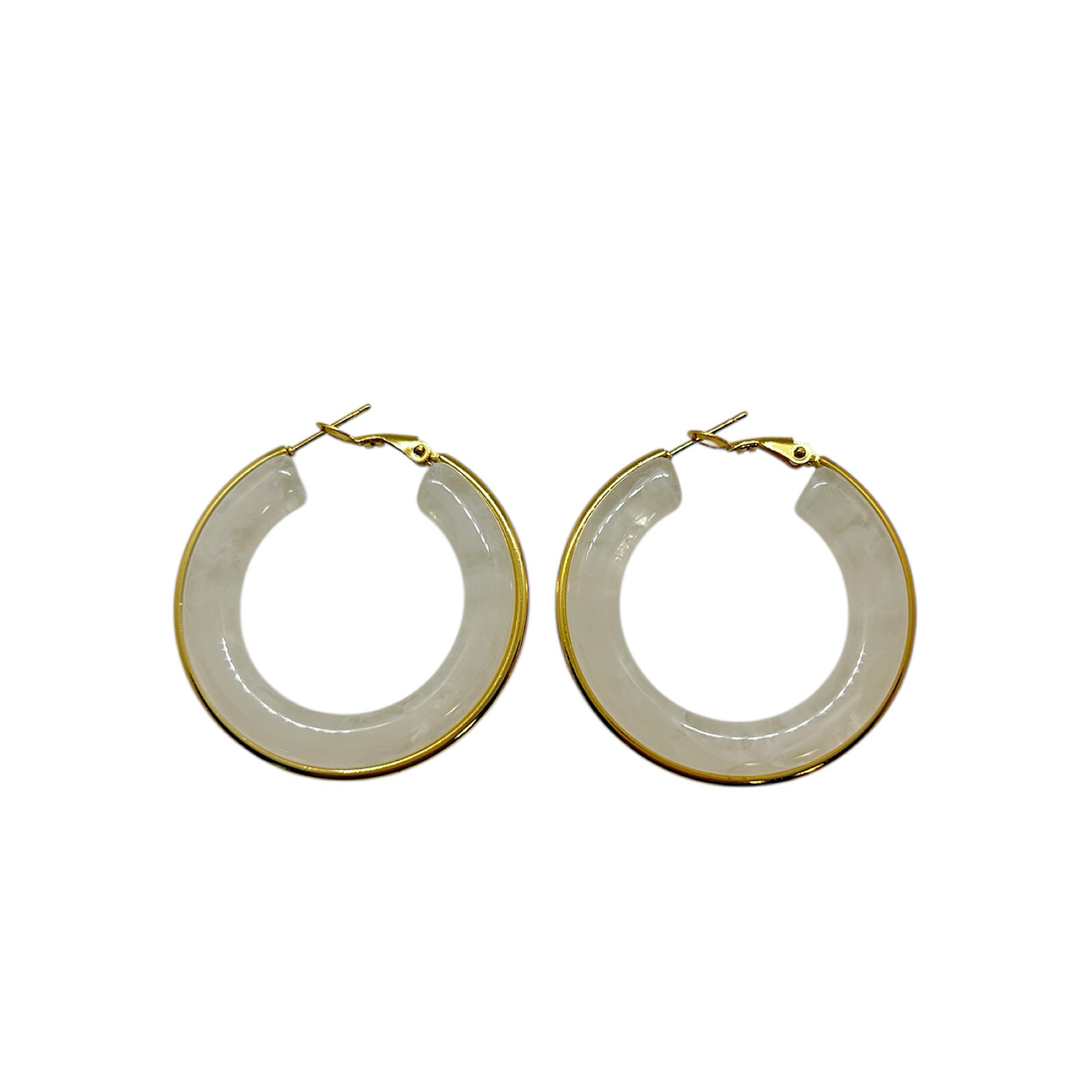 Steel hoop earrings with gold trim and white plexiglass inside.
